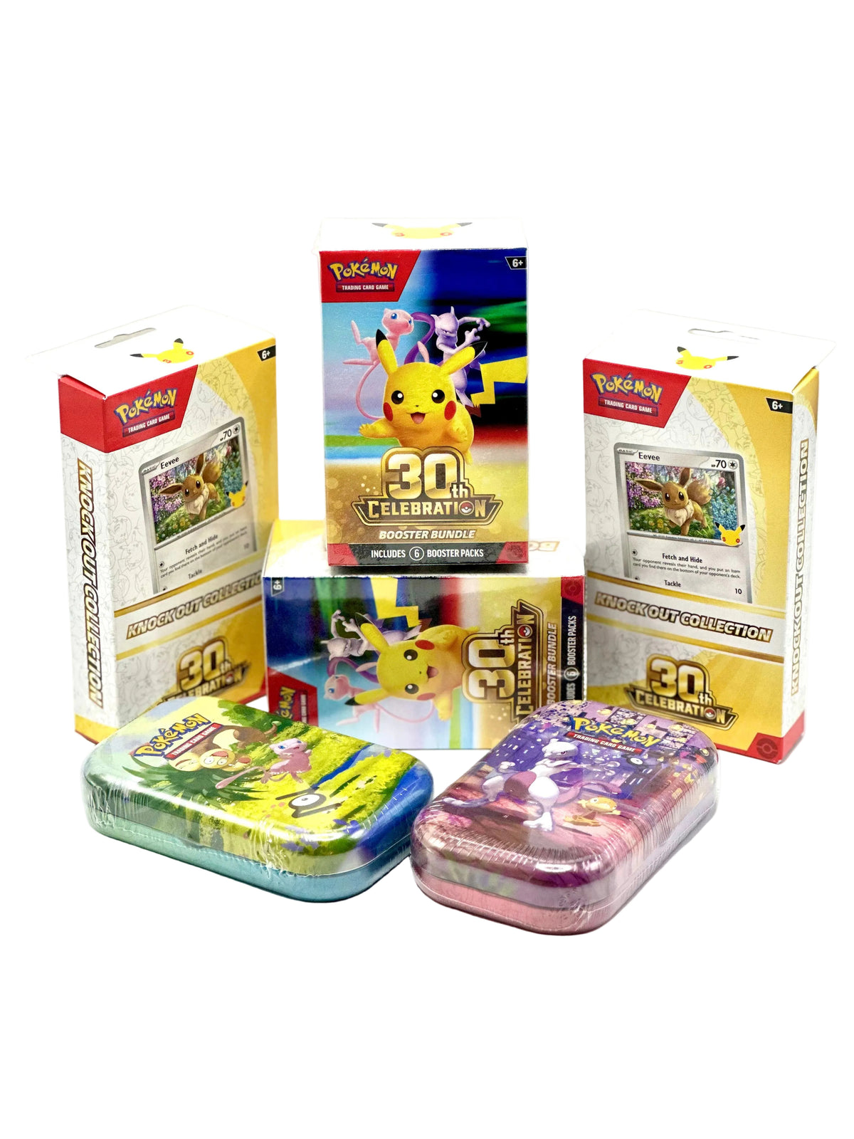 POKEMON 30TH IS HERE! 
BOOSTER BUNDLES, KO COLLECTION AND MINI TINS NOW AVAILABLE. ETBs WILL BE AVAILABLE LATER THIS MONTH!
